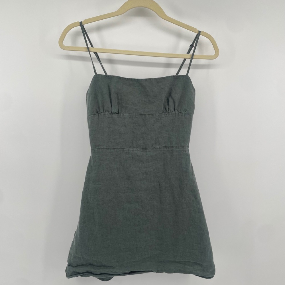 Sunday Best Mini Dress Womens XS Green Linen Blend Smocked Back Spaghetti Strap